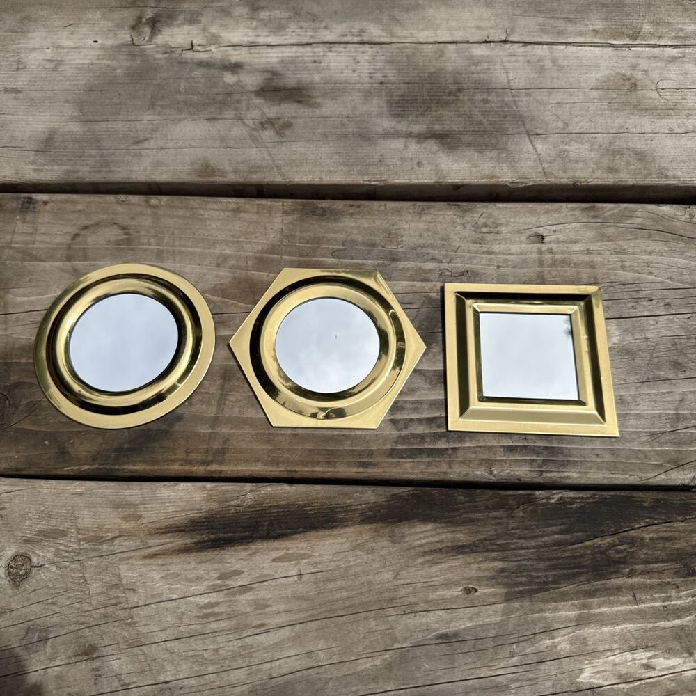 Vtg Brass Framed Mirrors Small Set Of 3 Square Round Octagon Wall Decor